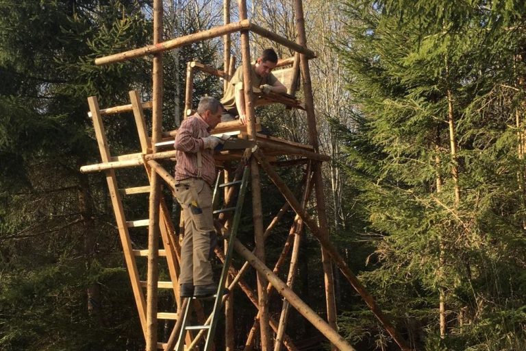 zwei Männer bauen einen Hochsitz